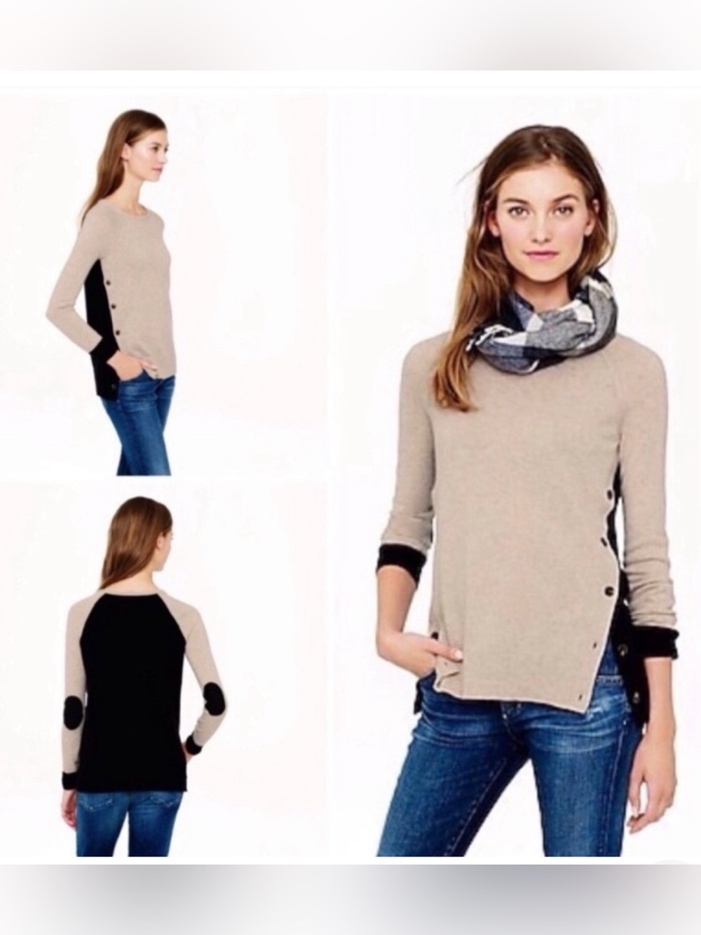 J. Crew Beige Crewneck Sweater with Black Side Panels and Buttons